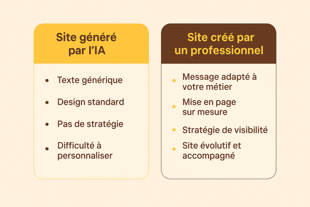 Tableau comparatif entre un site créé avec l’IA et un site conçu par un professionnel.